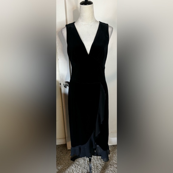 Vintage 90’s Connected Velvet Ruffle Hem Cocktail Dress Midi Plunging Neck noir - Picture 11 of 16